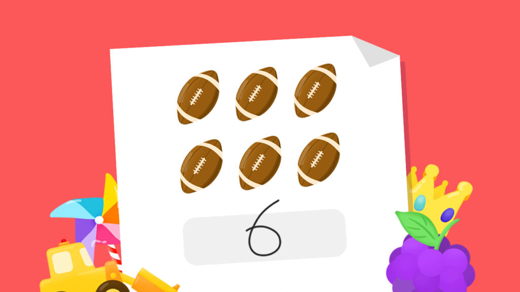 Printable kindergarten math worksheet “Count and Write the Number” with colorful objects for kids to count and record.