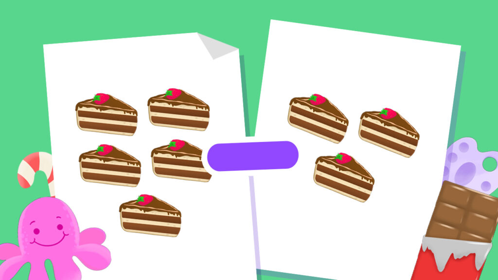 Printable kindergarten subtraction worksheet “Magic Minus Time” with picture-based subtraction problems for kids.