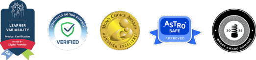 Awards and certifications for WonJo Kids app including Digital Promise Learner Variability, Common Sense Privacy Verified, Mom’s Choice Award, Astro Safe Approved, and Webby Award Nominee 2025