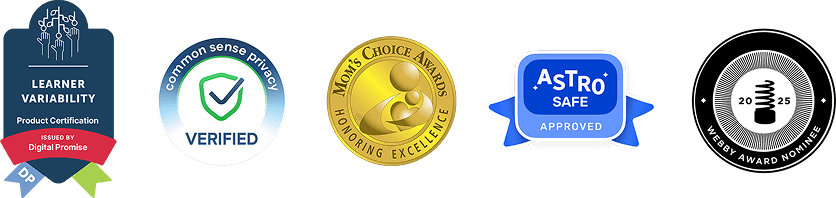 Awards and certifications for WonJo Kids app including Digital Promise Learner Variability, Common Sense Privacy Verified, Mom’s Choice Award, Astro Safe Approved, and Webby Award Nominee 2025