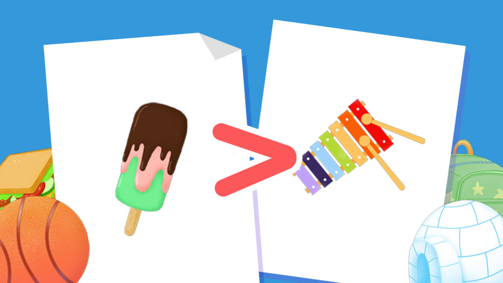 Printable kindergarten math worksheet “Who Has More? Who Has Less?” with objects to compare using greater than, less than, or equal to symbols.