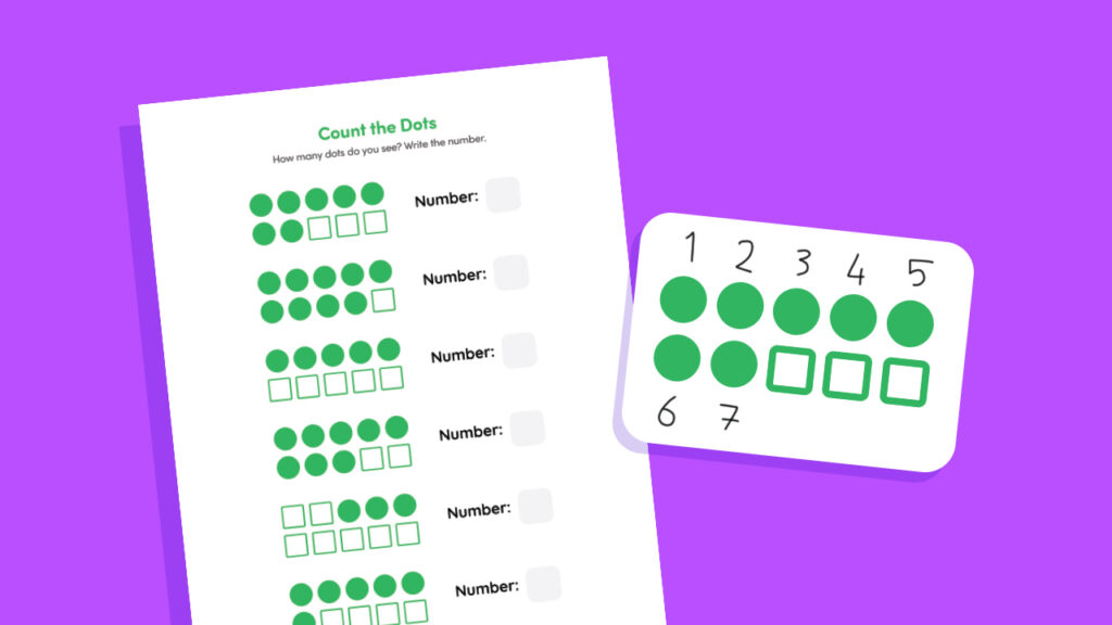 Free printable ten frames worksheet for kindergarten kids to build number sense by counting dots and writing numbers.