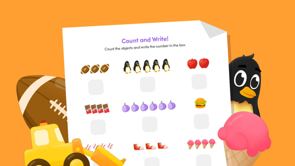 Free printable counting practice worksheet for preschool and kindergarten kids — count objects and write the correct numbers.