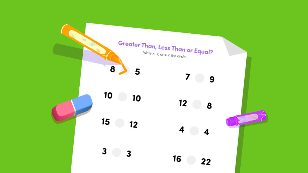 Free printable greater than, less than worksheet for kindergarten kids to compare numbers using greater than, less than, or equal symbols.