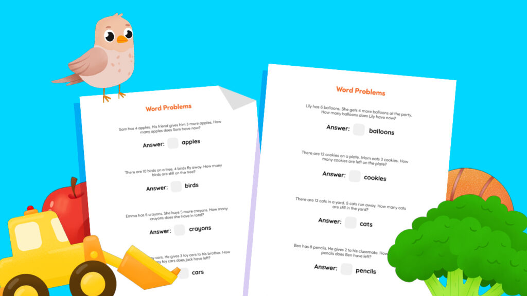 Printable simple word problem worksheet for kindergarten and preschool kids — practice addition and subtraction through short stories.