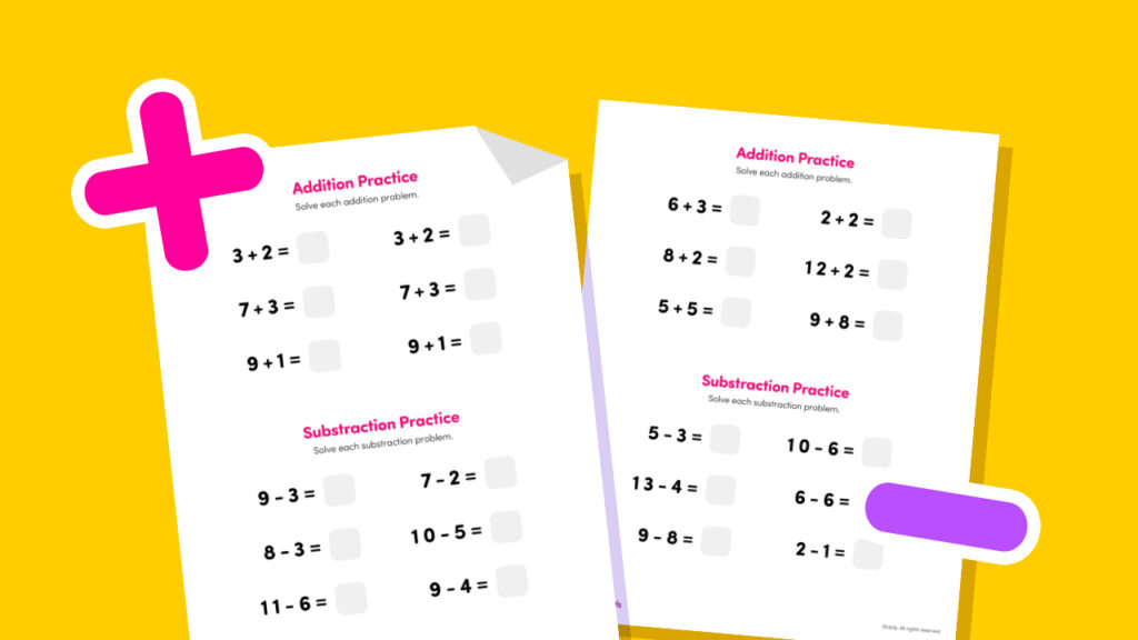 Free printable addition and subtraction worksheet for kindergarten kids to practice basic math operations with fun visual exercises.