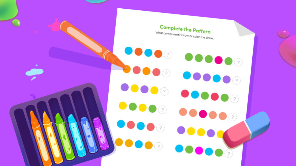 Free printable pattern completion worksheet for preschool and kindergarten kids — complete color patterns by drawing or coloring the next shape.