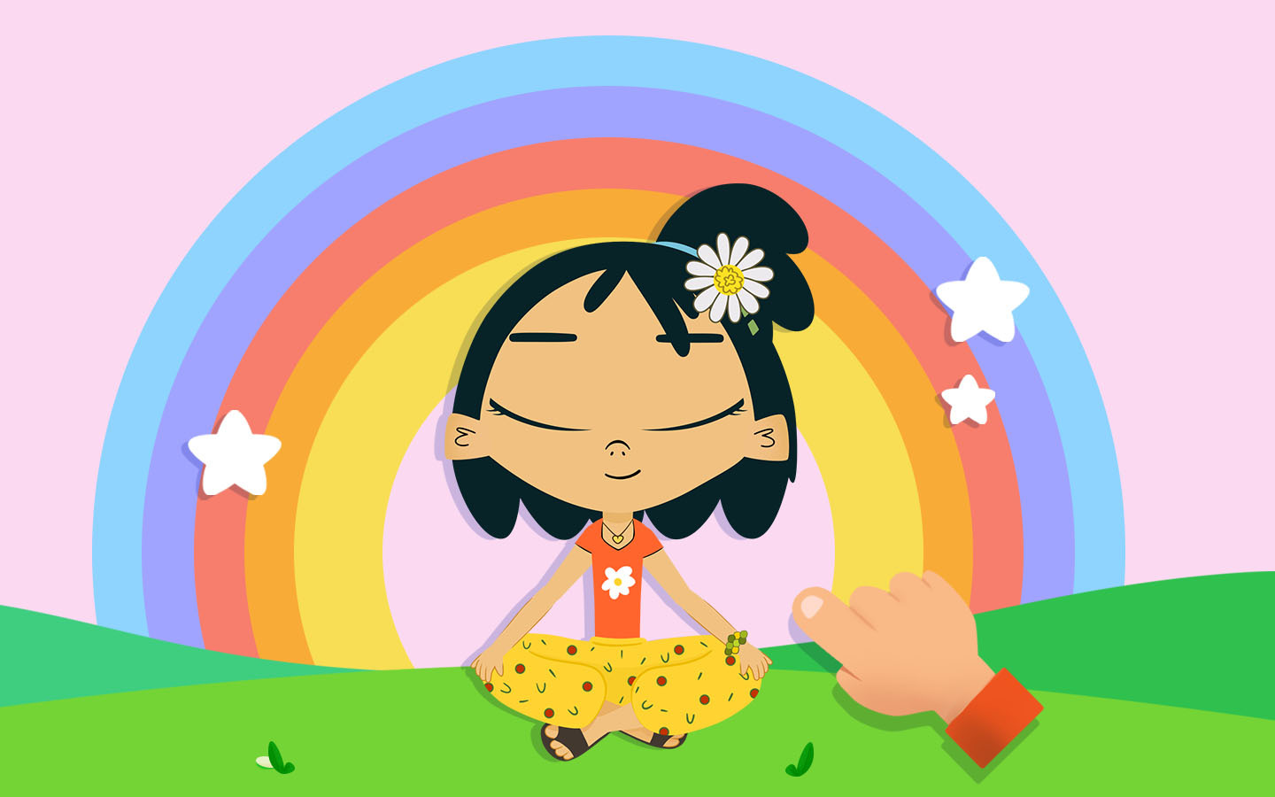 Mindful breathing game for kids showing a child sitting calmly and practicing relaxation with guided breathing.