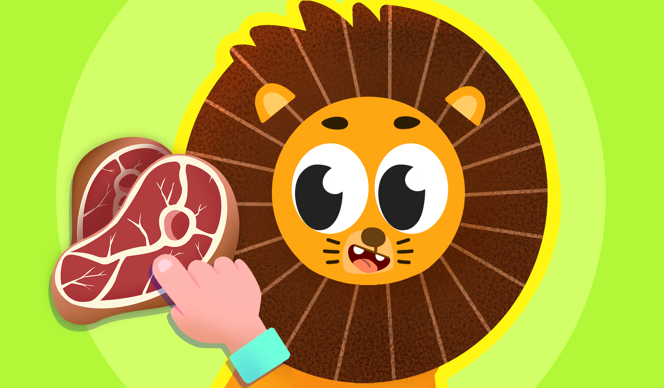 Animal diets game showing a child feeding a lion the correct food to learn carnivores and herbivores.