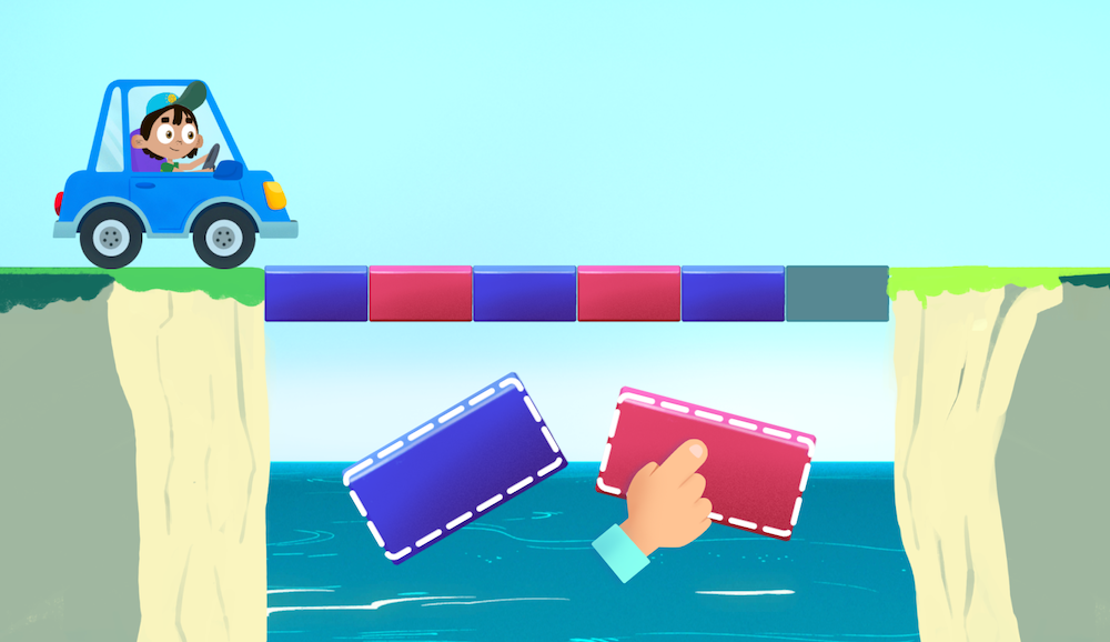 Color pattern game for preschoolers showing kids choosing the correct block to complete a bridge.