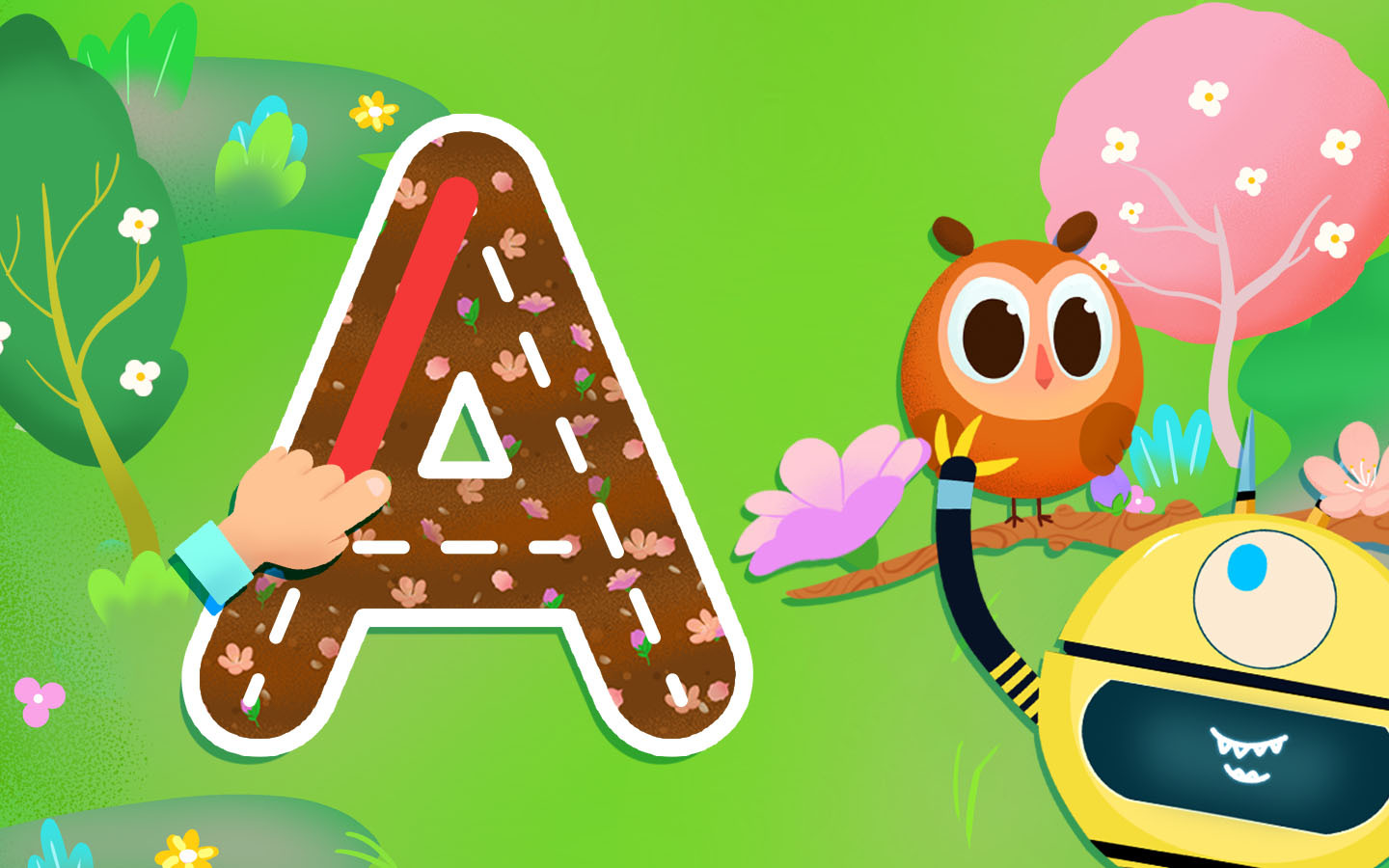 Alphabet tracing game showing a child tracing the letter A with arrows to learn letter shapes and phonics.