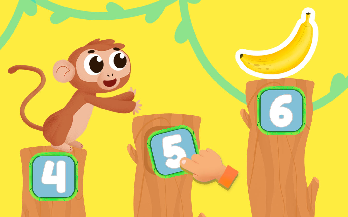 Counting game for kids showing a monkey crossing numbered stumps by filling in missing numbers.