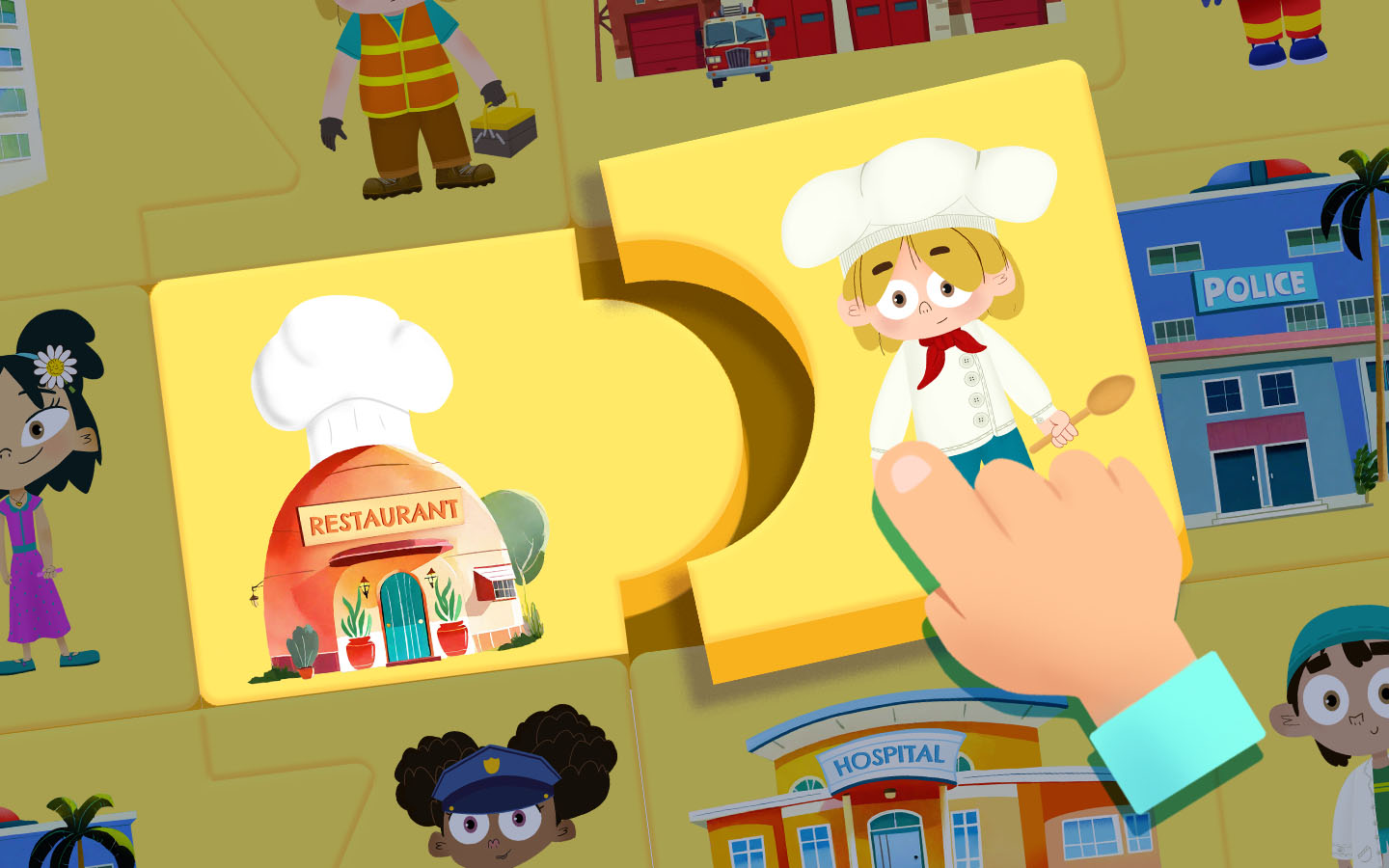Preschool puzzle matching community helpers with their workplaces, showing a chef piece being placed next to a restaurant illustration.