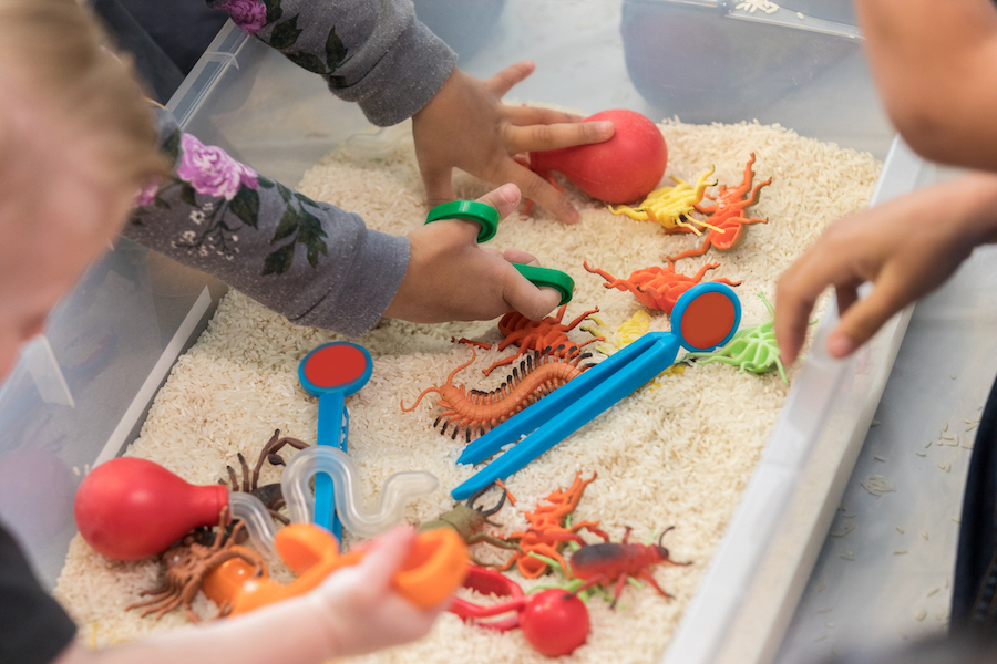 Toddlers and parents in joyful sensory play with toy cars and blocks for motor skills development.
