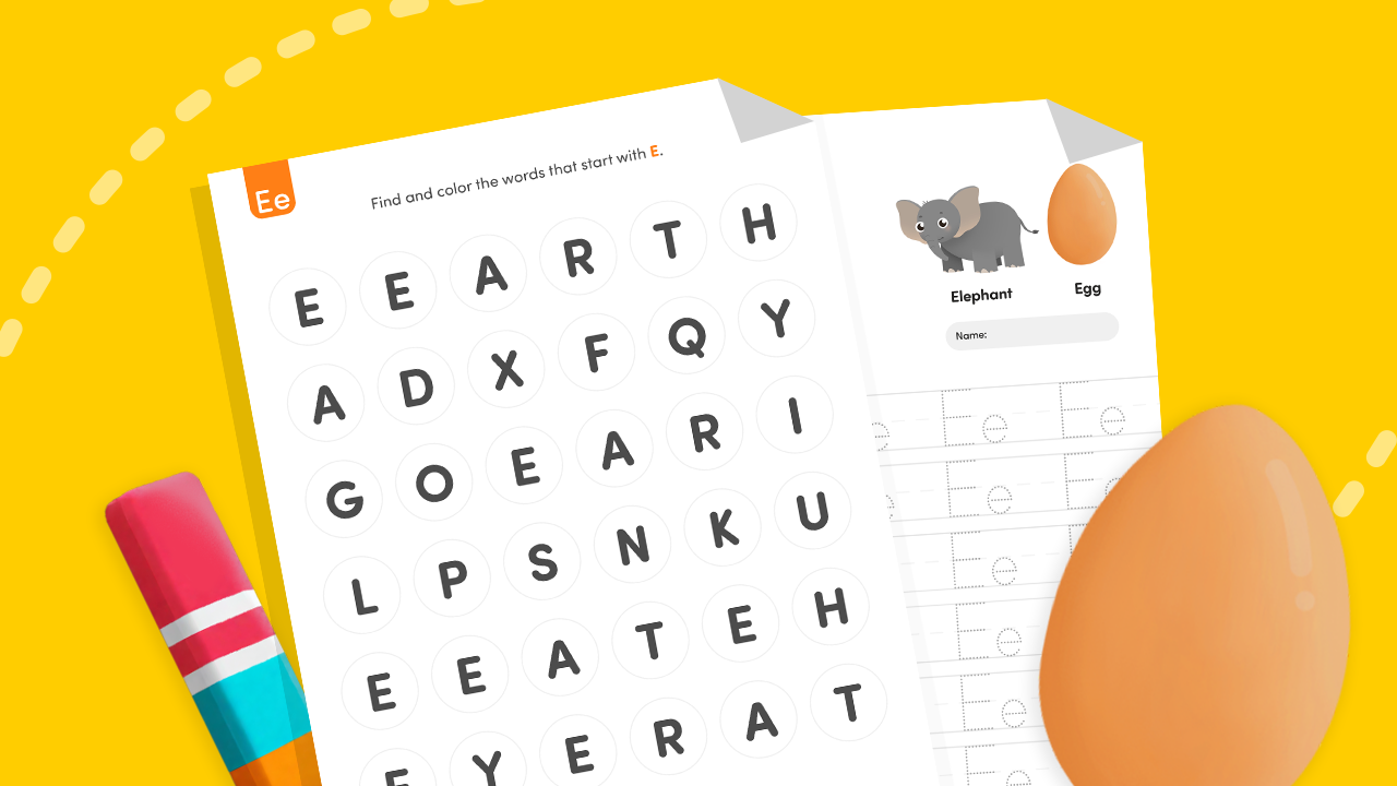 Preschool Find the Letter E worksheet: trace Ee and spot-and-color the letter B in a mixed-letter grid.