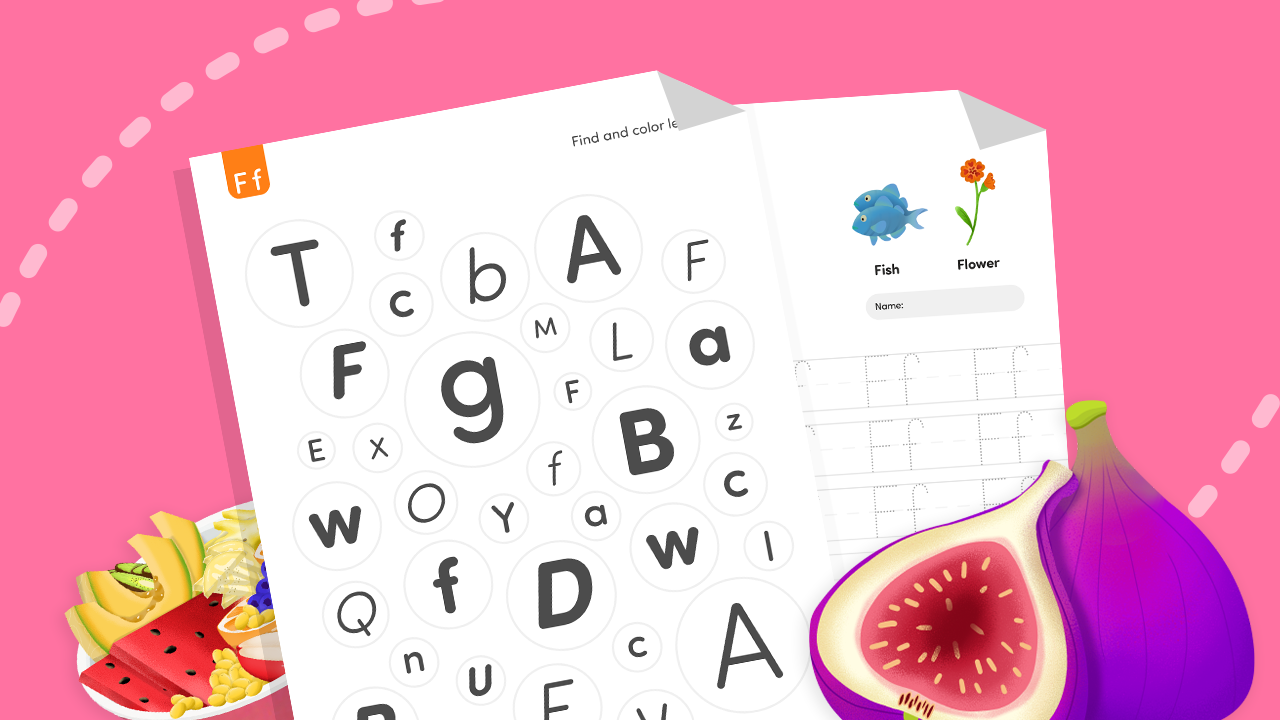 Printable Letter F activity sheet showing Ff tracing lines and a find-and-color letter F section