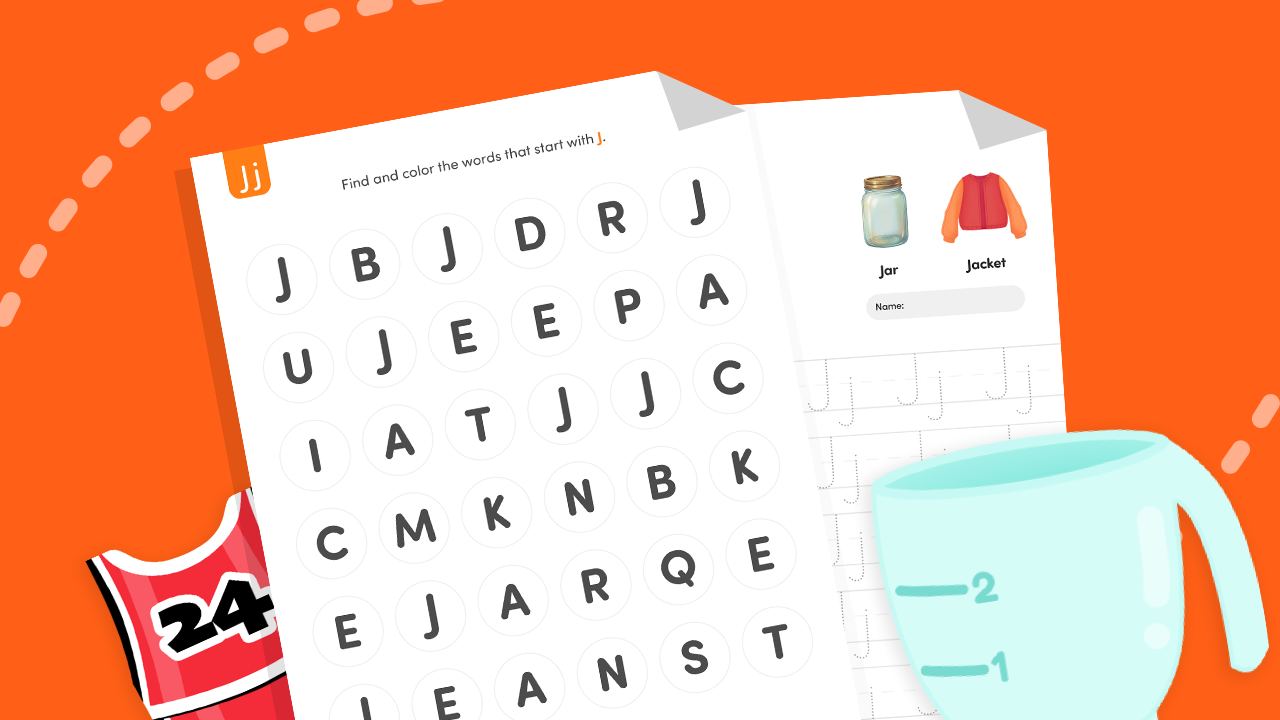 Find the Letter J: trace Jj, then spot and color every J.