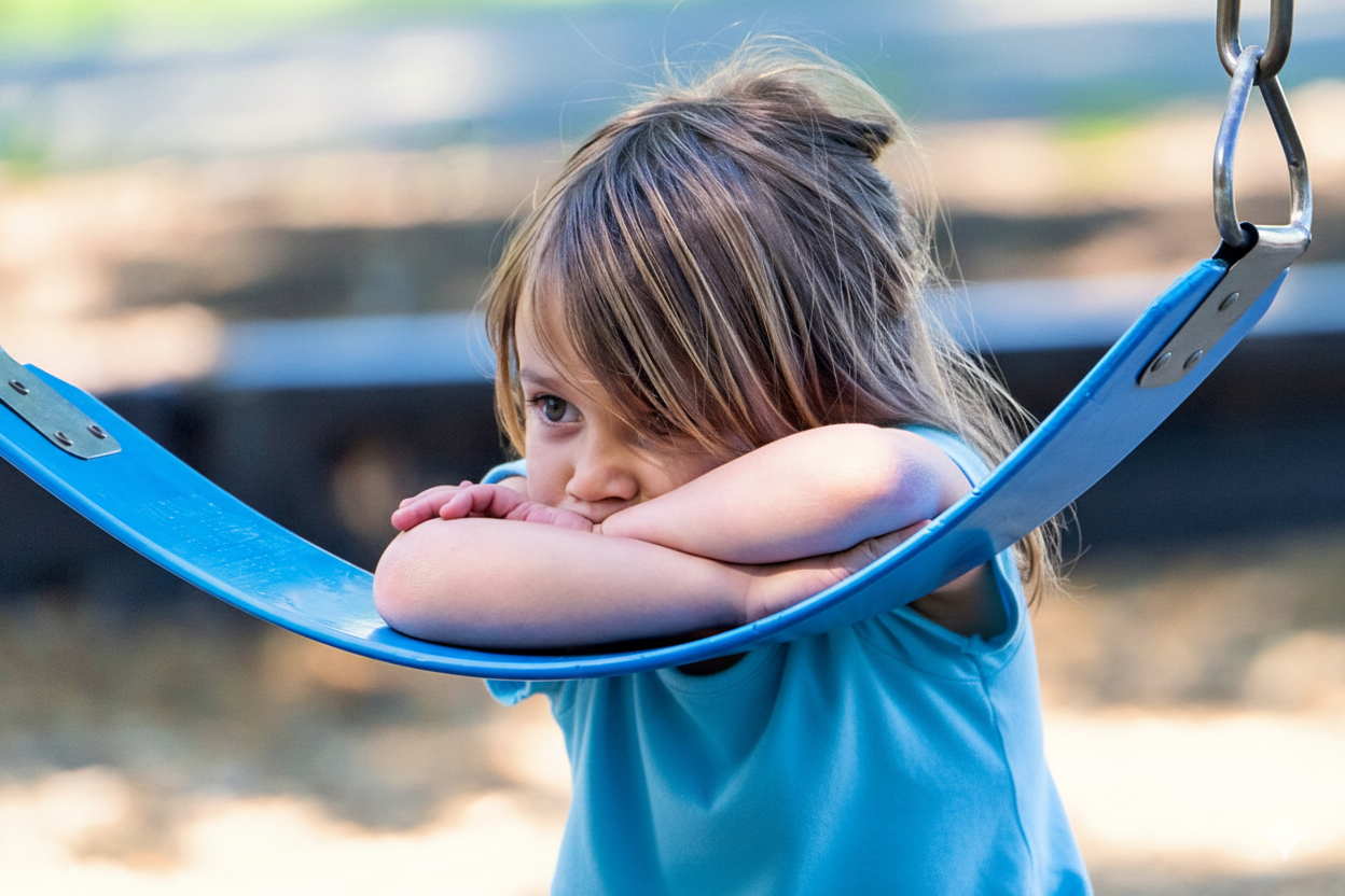 Sad child leaning on a swing at a playground, looking off to the side.
