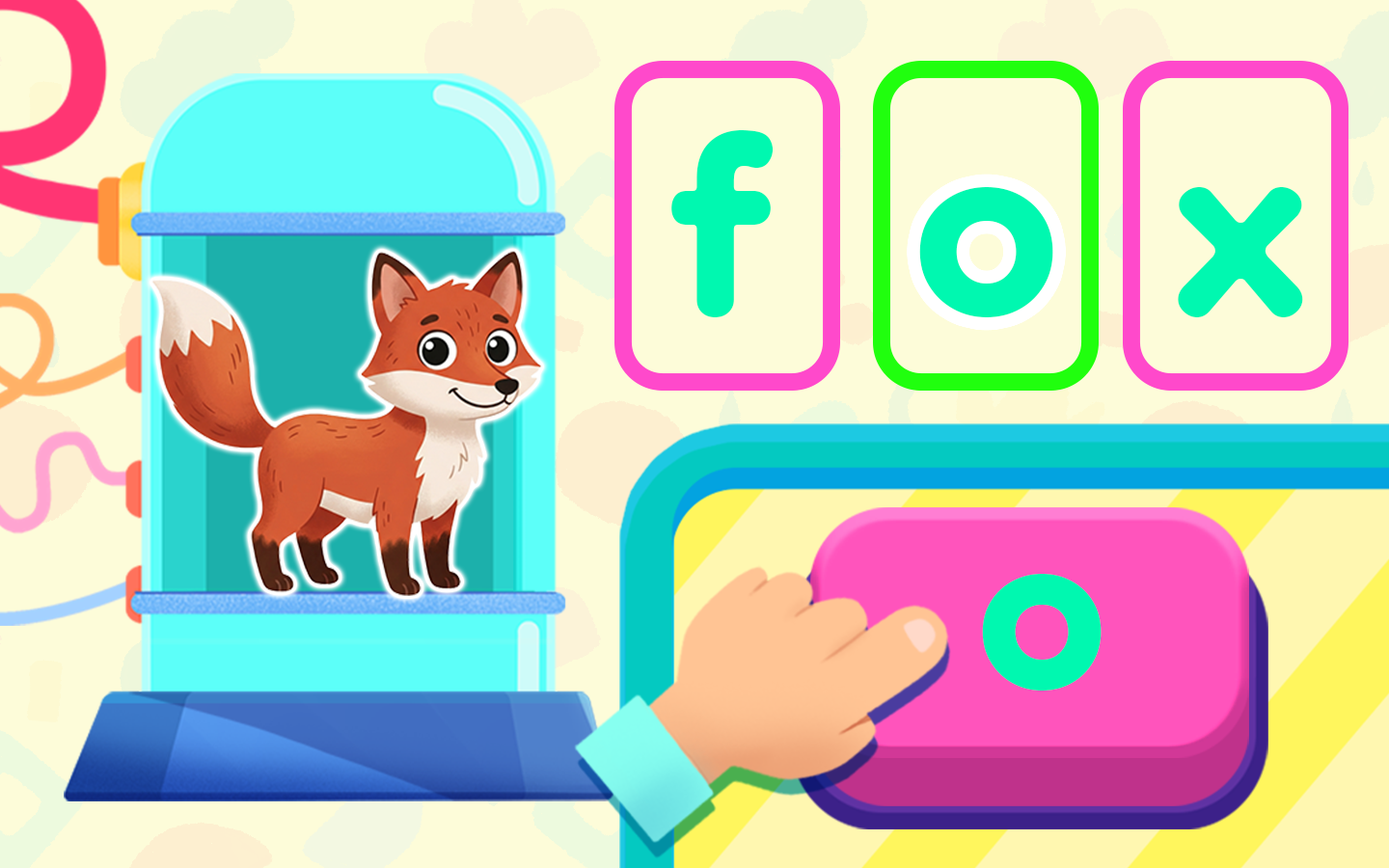 A robot displays the word P_N with a missing middle letter, and a child must choose the correct vowel from I, O, or E buttons below