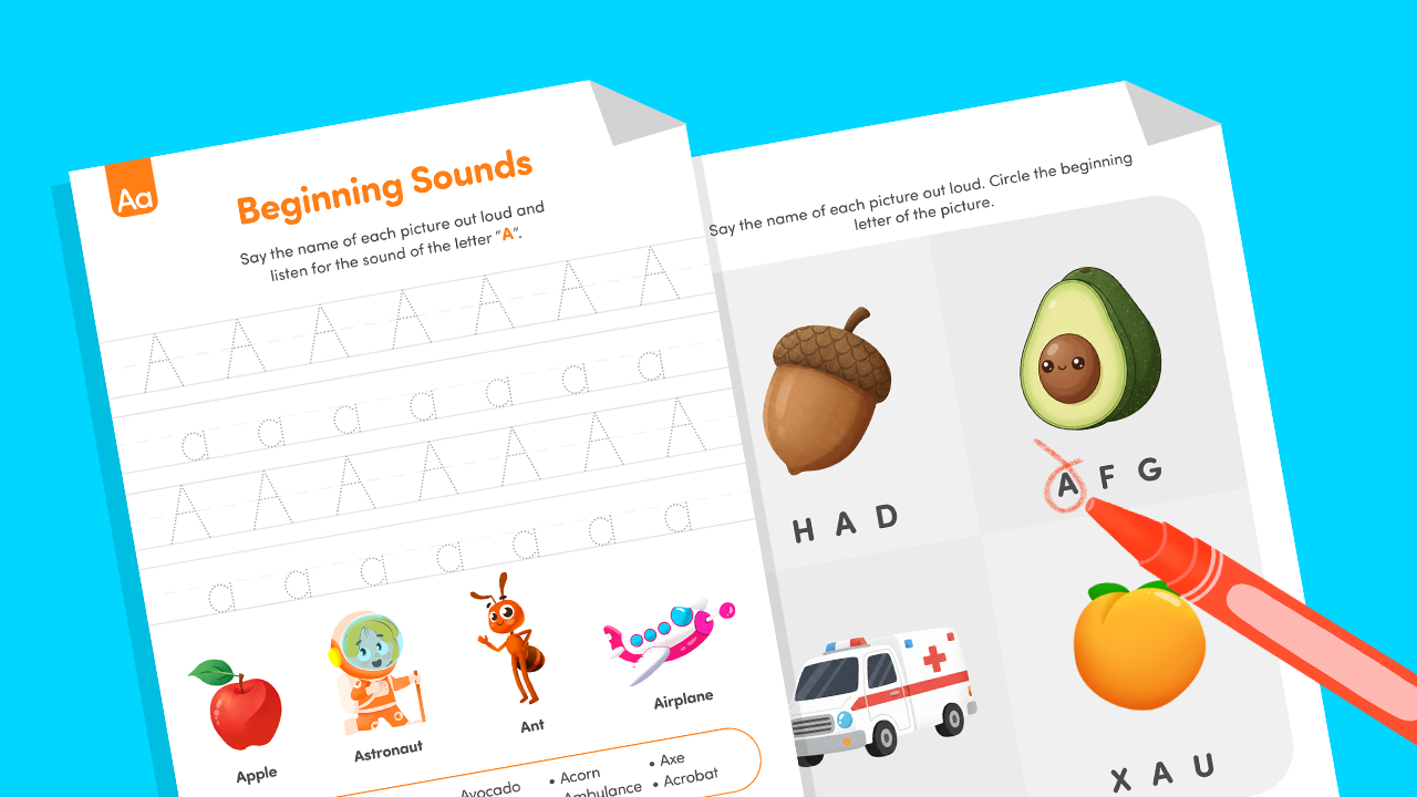 Two “Beginning Sounds” worksheets focused on the letter A, showing tracing practice and picture choices (acorn, avocado, ambulance, orange) with a red marker circling “A.”