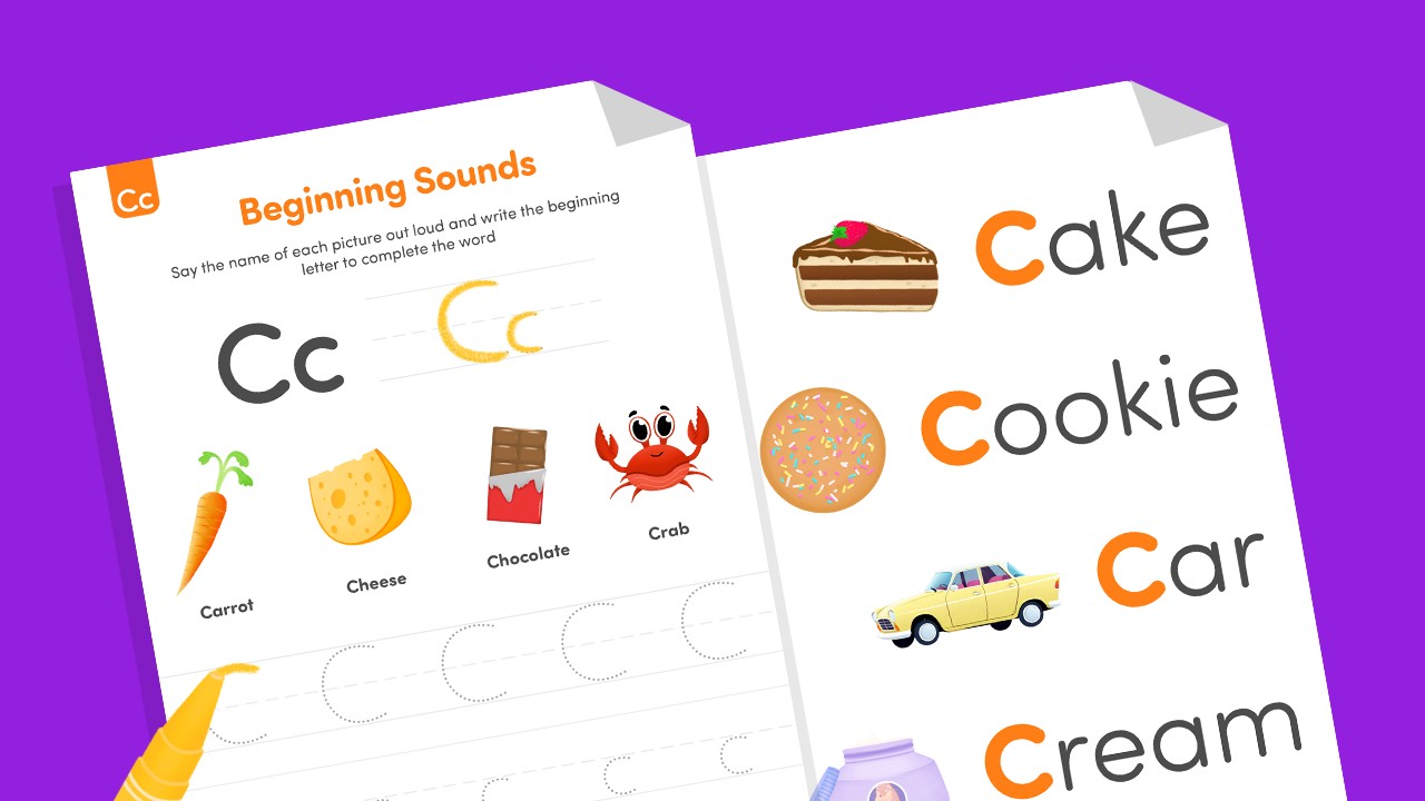 Preschool worksheet for letter C beginning sounds: images of carrot, cheese, chocolate, crab, cookie, car, cream with tracing lines.