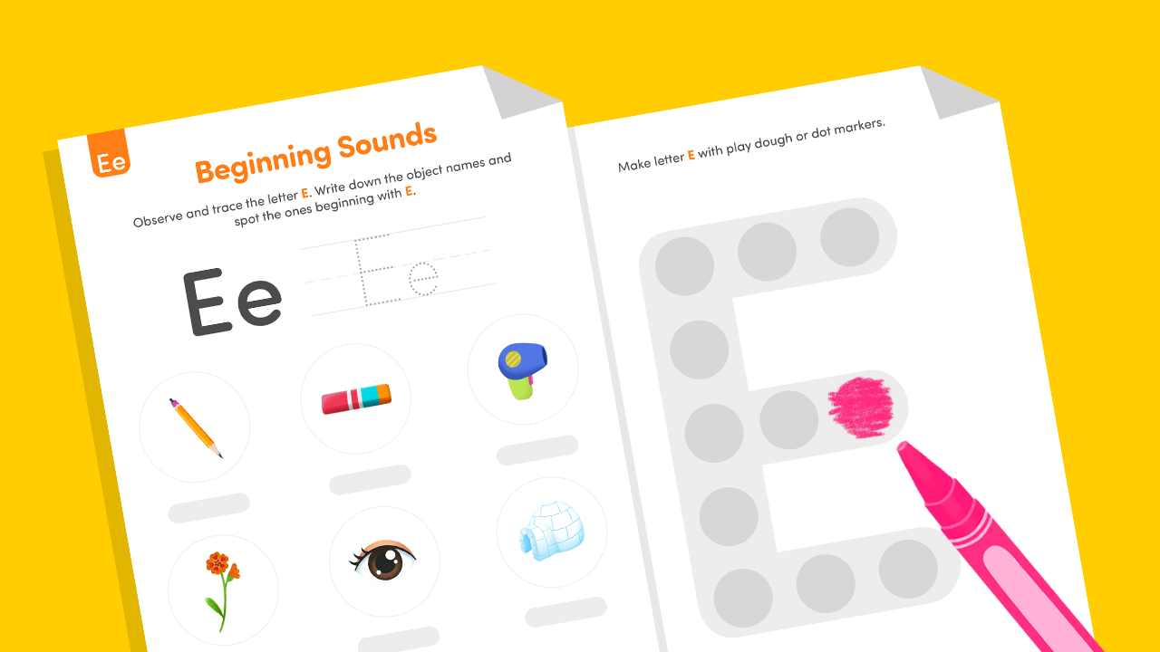 Preschool worksheet for letter E beginning sounds: images of elephant, egg, envelope, ear, eagle, eight, elf with tracing lines.