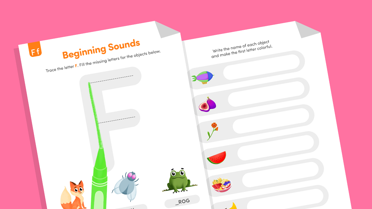 Beginning Letter F worksheet with pictures and blank lines for kids to write each word with a colorful first letter.