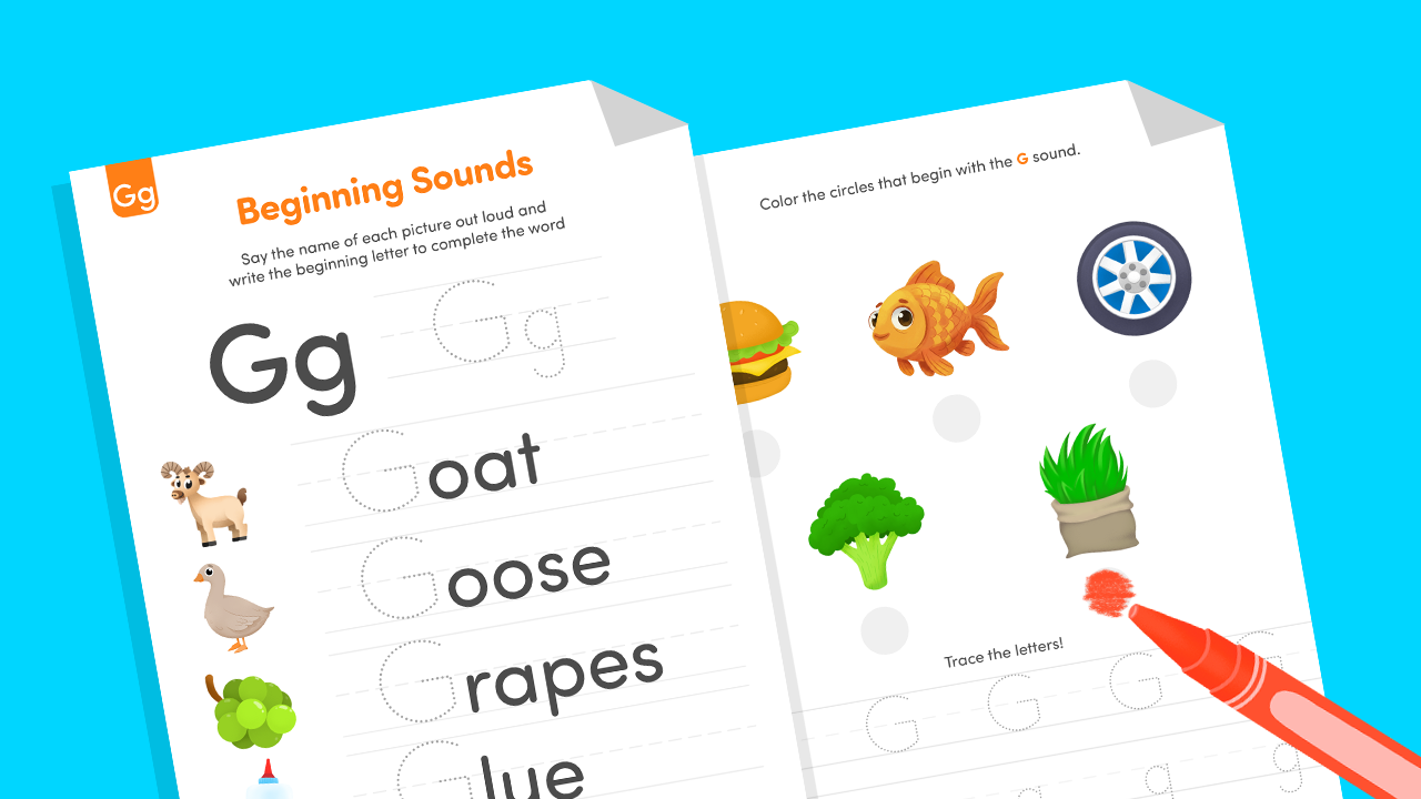 Letter G beginning sounds worksheets showing “Gg” tracing and picture words (goat, goose, grapes), plus a page to color items that start with the G sound.
