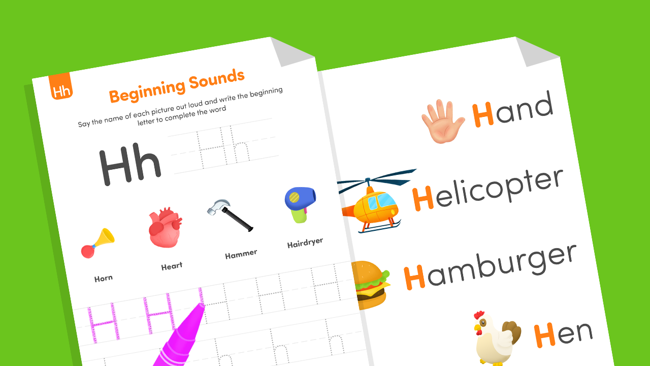 Letter H beginning sounds worksheets with Hh tracing and pictures/words like horn, heart, hammer, hairdryer, plus a page showing hand, helicopter, hamburger, and hen.