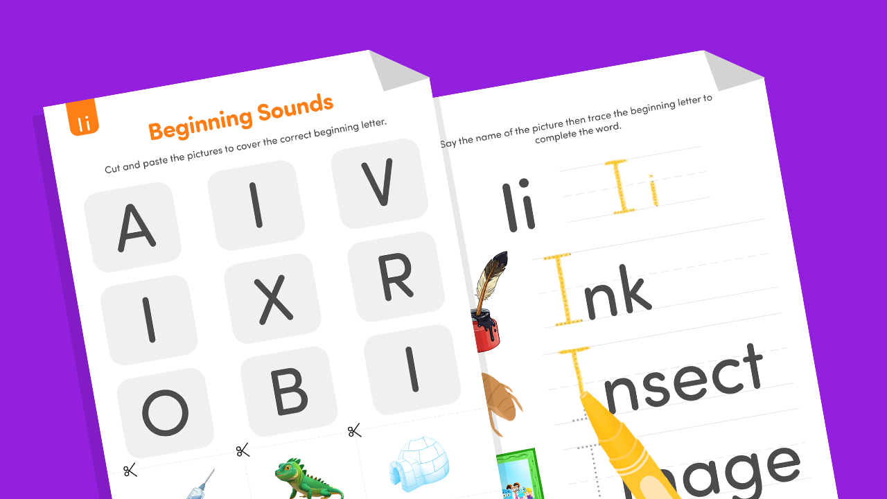 Letter I beginning sounds worksheets with Ii tracing and words like ink and insect, plus a cut-and-paste activity to match pictures to the correct beginning letter.