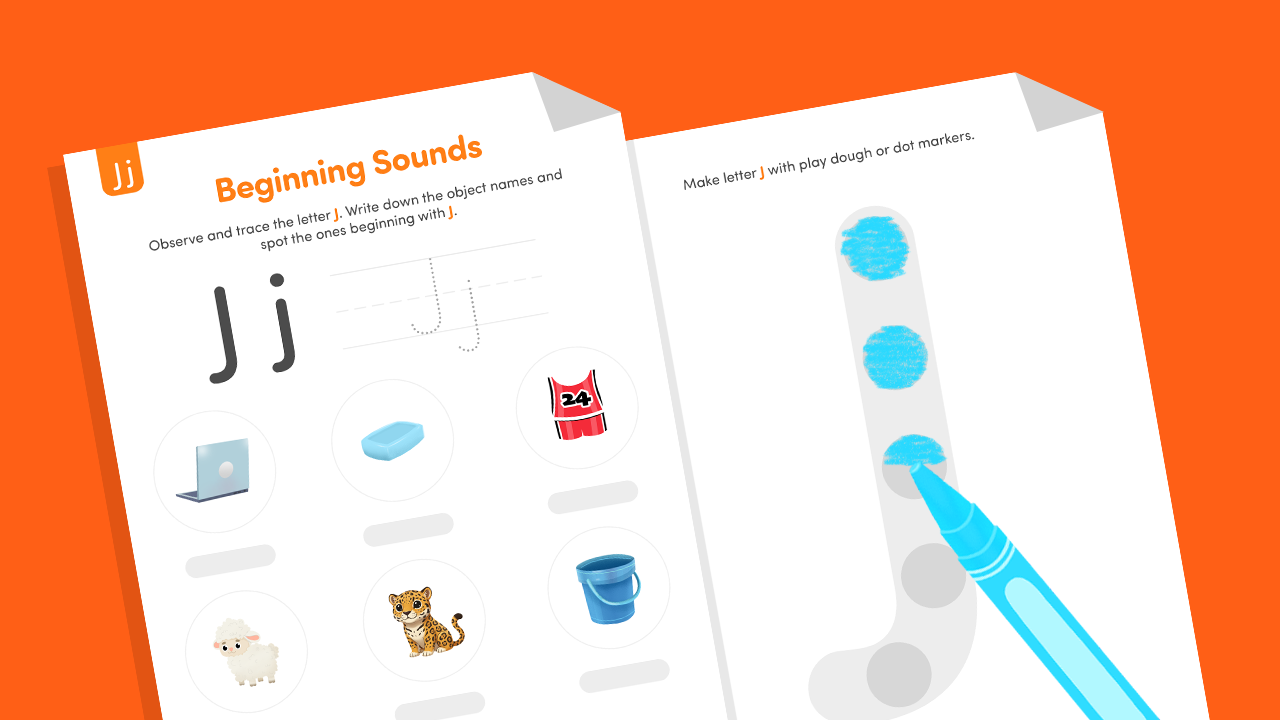 Letter J beginning sounds worksheets showing Jj tracing and picture words (jacket, jaguar, jersey), plus a dot-marker activity to form a giant letter J.