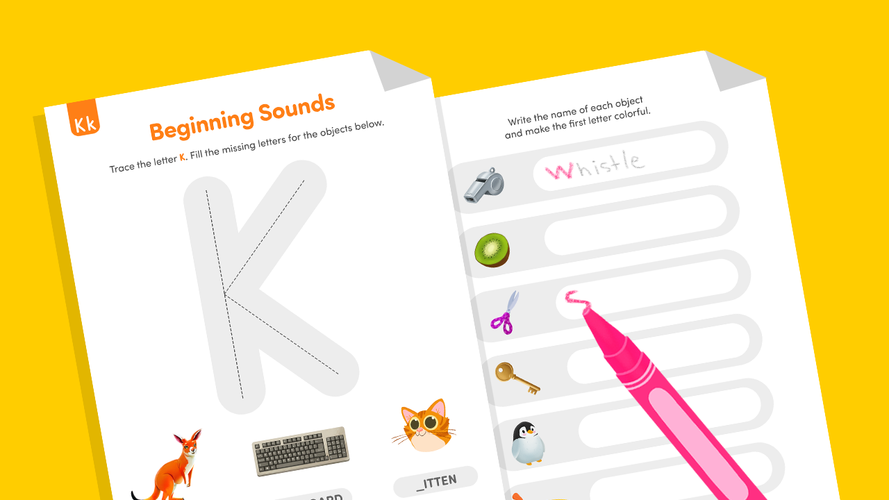Letter K beginning sounds worksheets with a large K tracing page and picture-word prompts (whistle, kiwi, scissors, key, penguin) to write names and color the first letter.