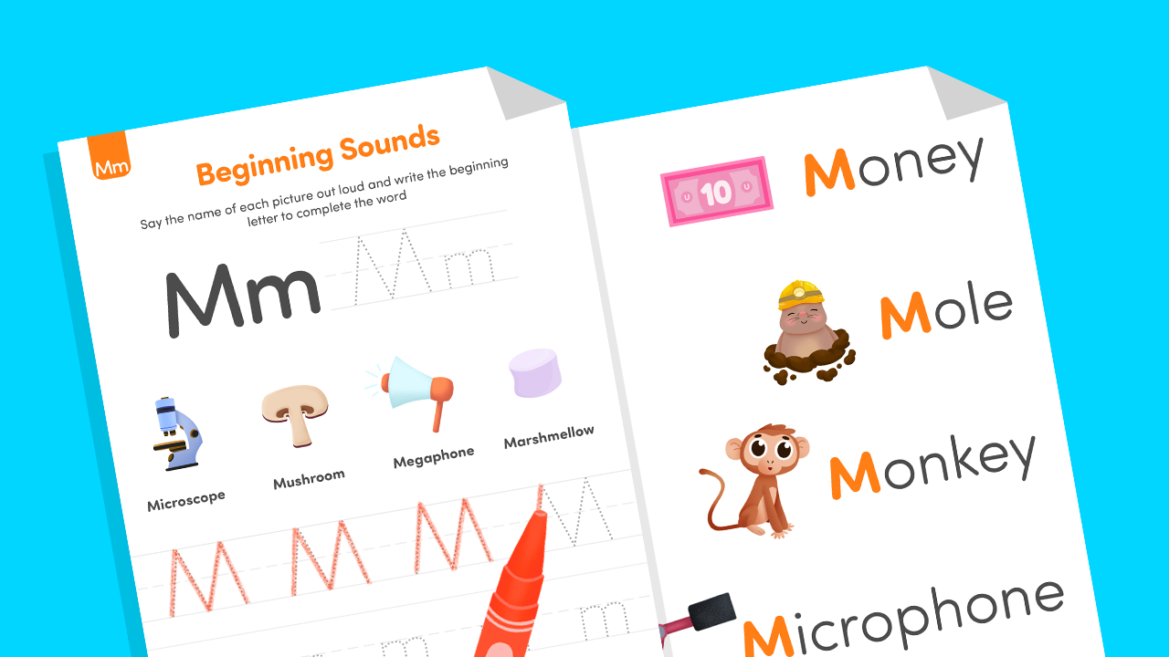 Beginning Letter M worksheet with monkey and moon pictures for phonics practice.