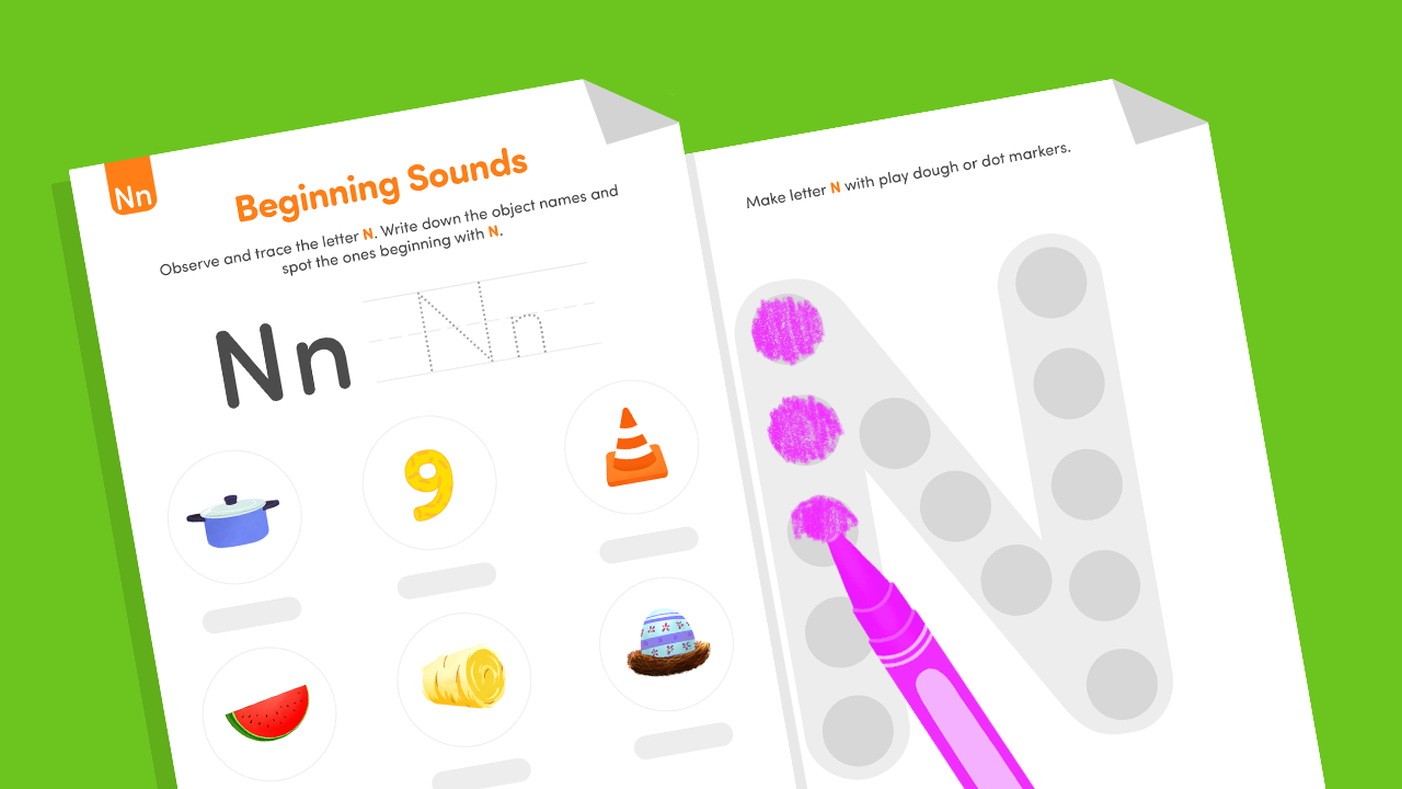 Beginning Letter N worksheet with nest and nose pictures for phonics practice.