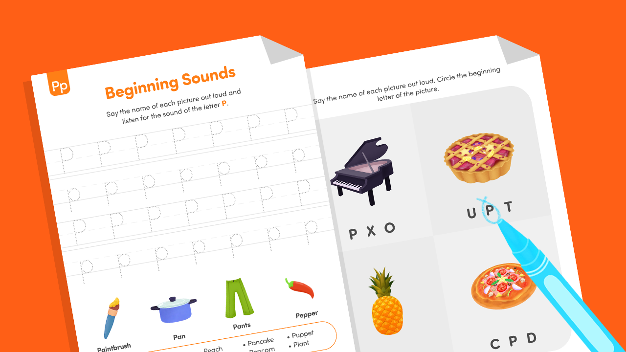 Beginning Letter P worksheet with pig and pencil pictures for phonics practice.