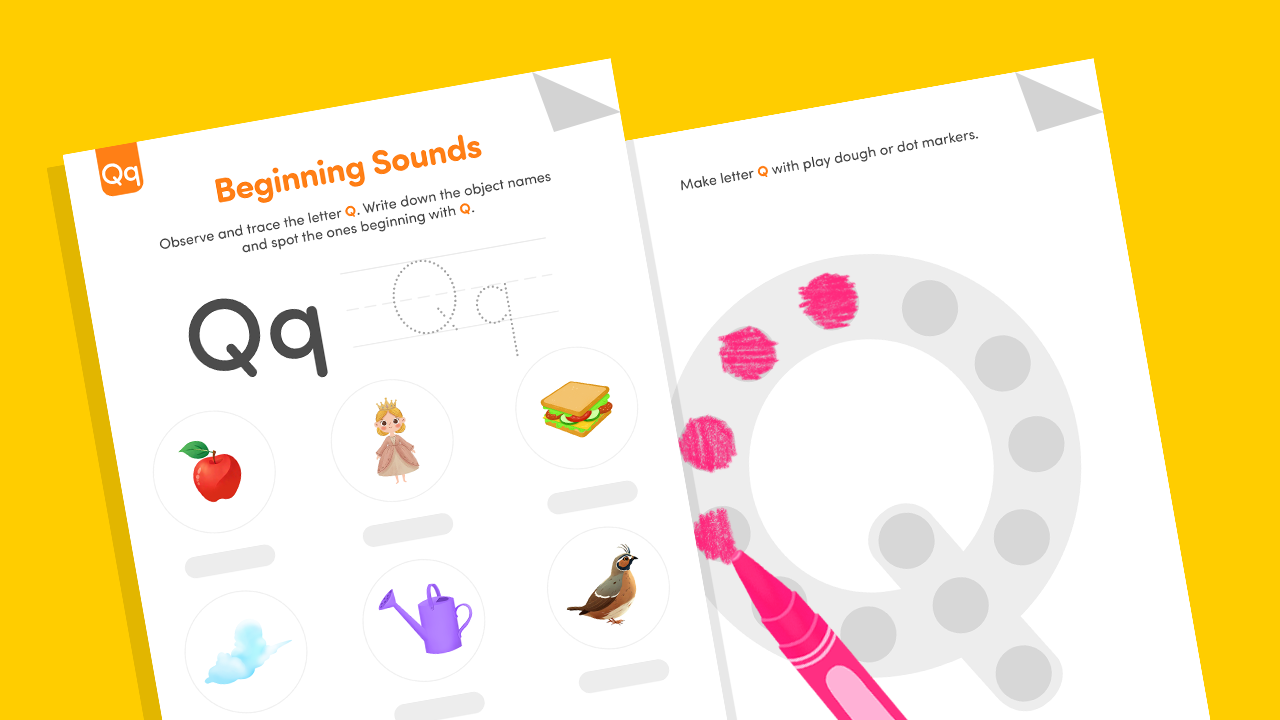 Printable Beginning Letter Q worksheet for preschool and kindergarten kids