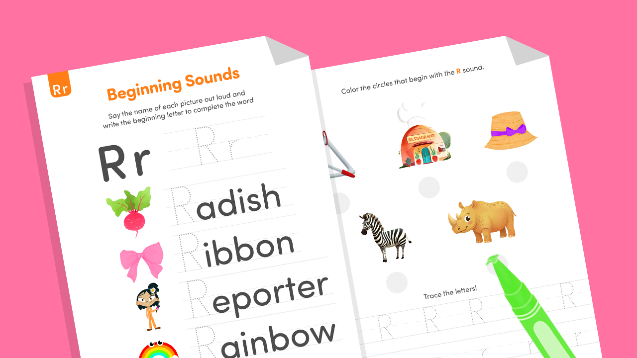 Printable Beginning Letter R phonics worksheet for preschool and kindergarten kids