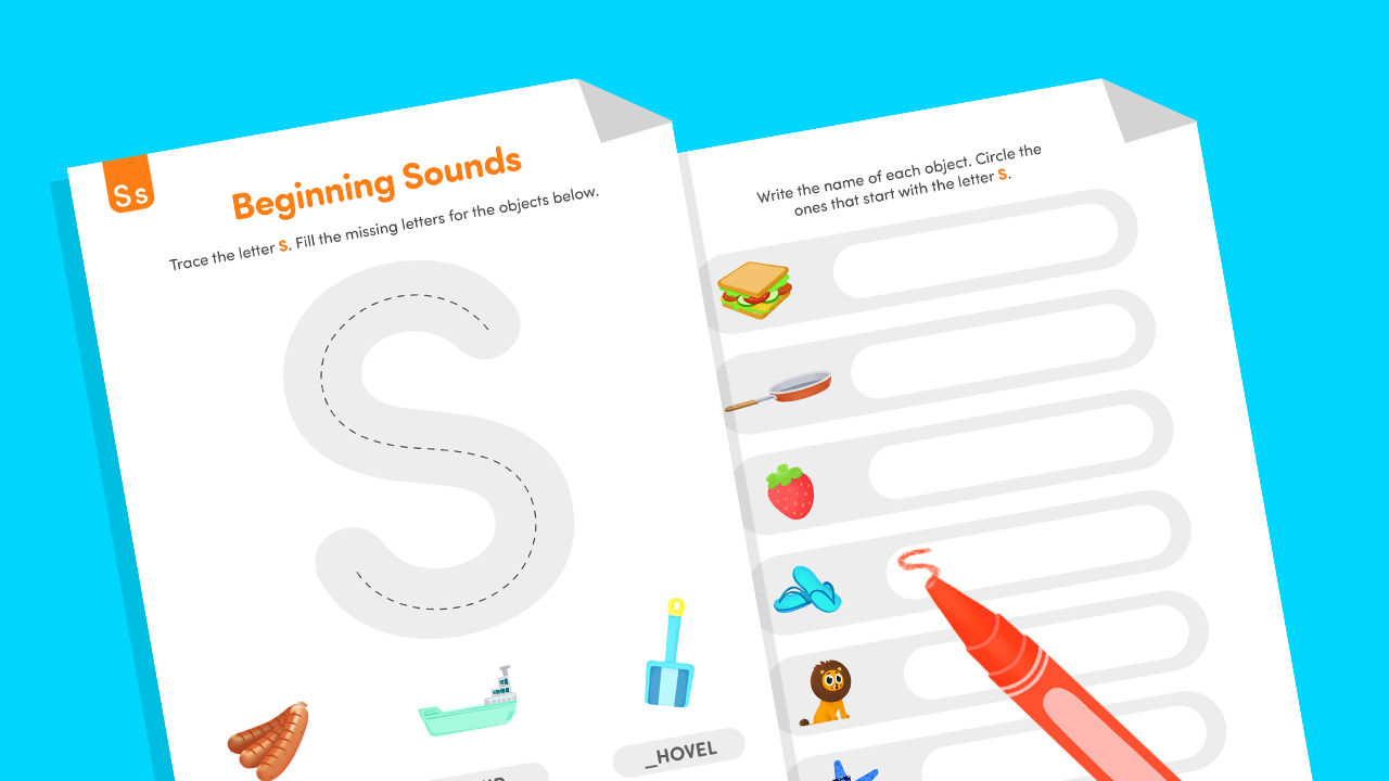 Printable Beginning Letter S phonics worksheet for preschool and kindergarten kids