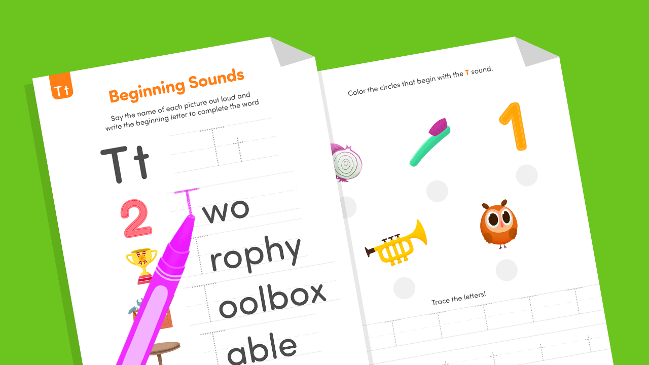 Printable Beginning Letter T phonics worksheet for preschool and kindergarten kids