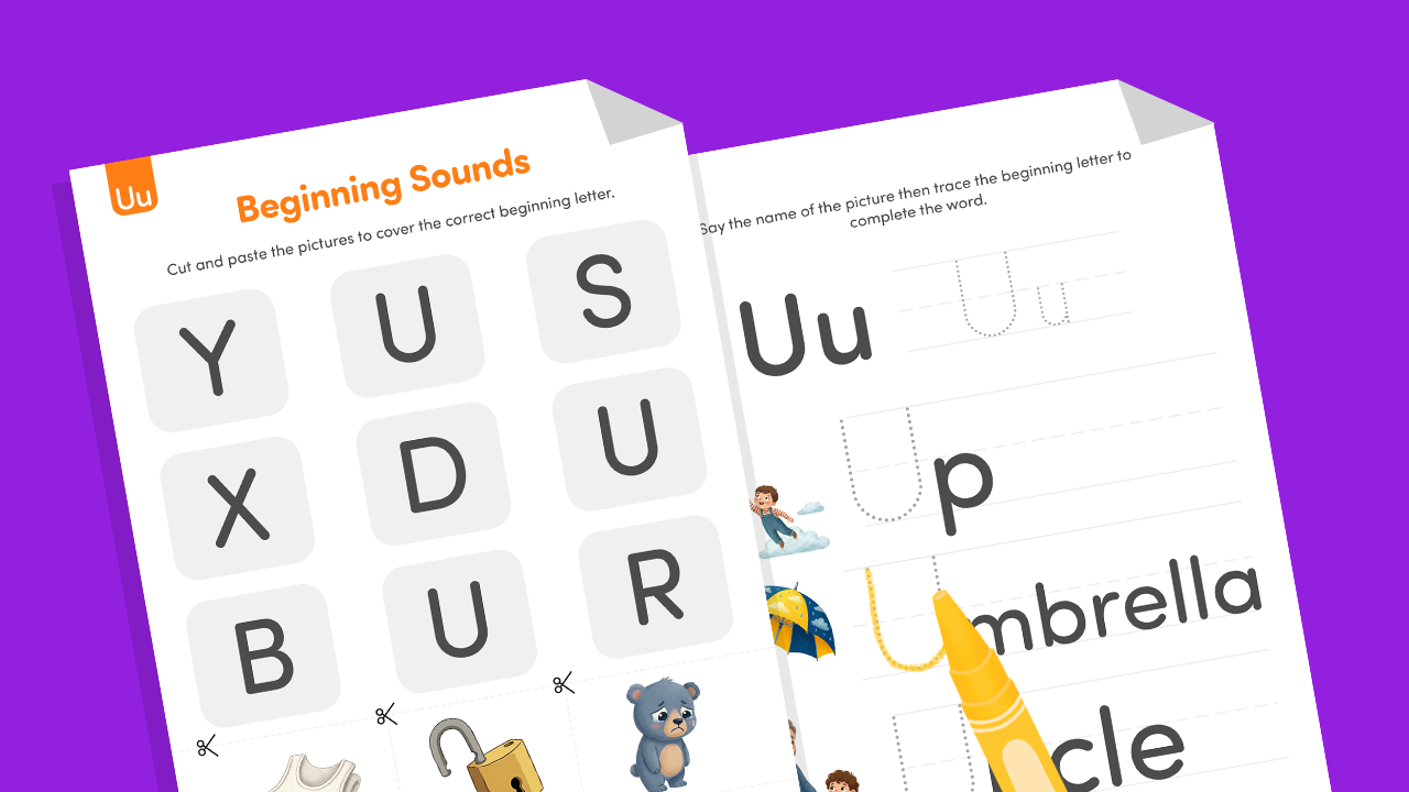 Printable Beginning Letter U phonics worksheet for preschool and kindergarten kids