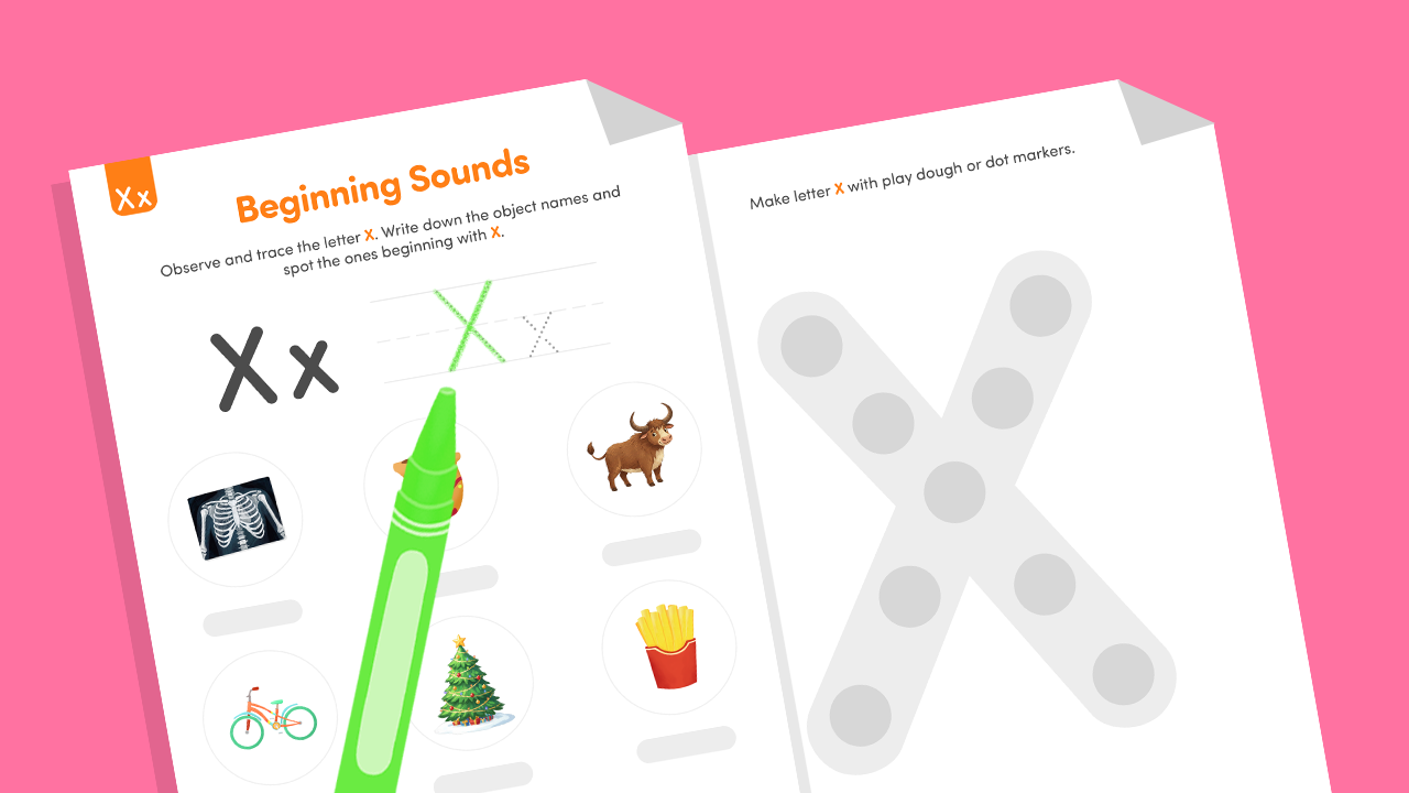 This Beginning Sounds Letter X worksheet supports early phonics learning by helping children recognize the letter X and its sound. Kids trace uppercase and lowercase X, observe picture clues, and identify objects that begin with the X sound. The activities promote letter recognition, sound discrimination, and handwriting development in a fun and interactive way.