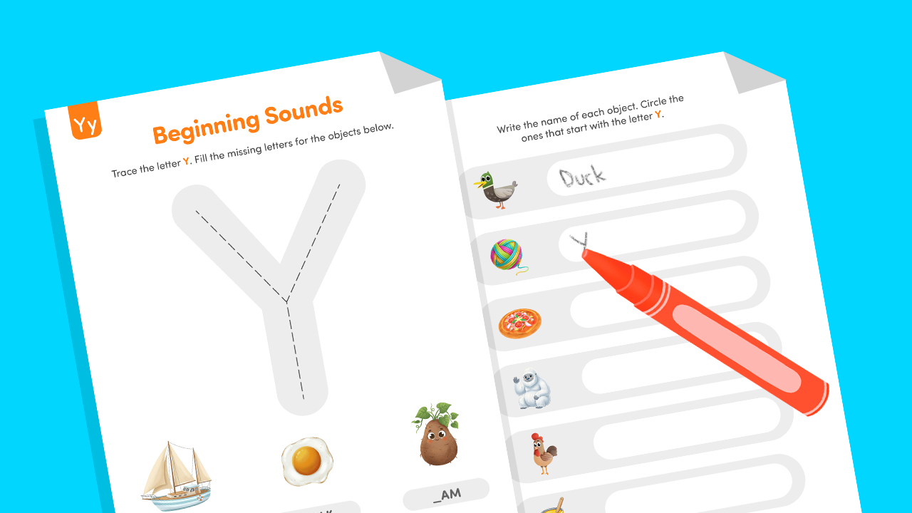 Letter Y beginning sounds worksheet with tracing practice and picture identification activities for preschool phonics.