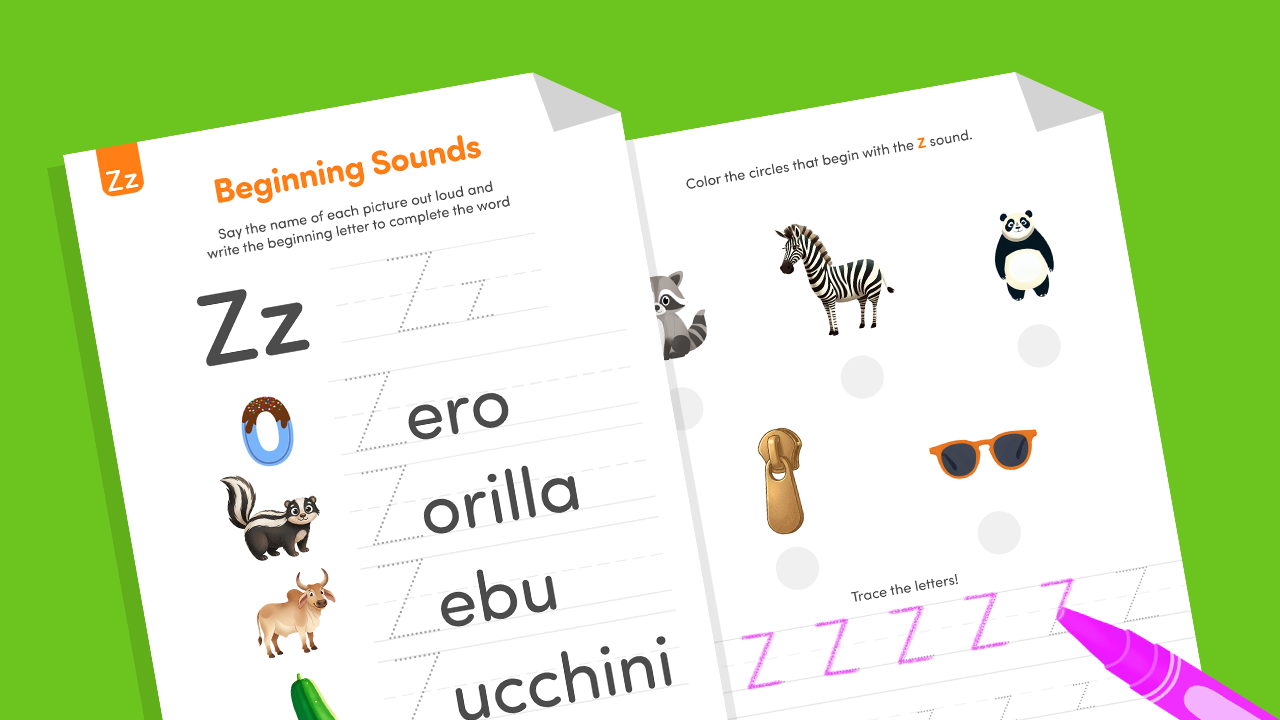 Letter Z beginning sounds worksheet with tracing practice and pictures like zebra and zucchini for preschool phonics learning.