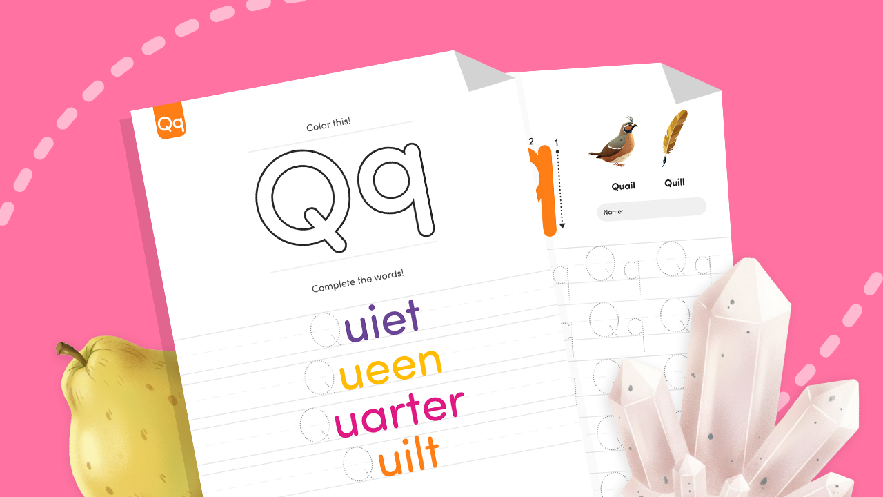 Letter Q worksheet for kids with tracing practice and Q words like quail, quill, quiet, queen, quarter, and quilt.