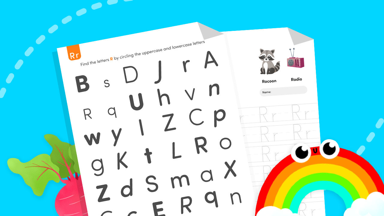 Find the letter R worksheet for kids with uppercase and lowercase letter hunt and R-word pictures like raccoon and radio.