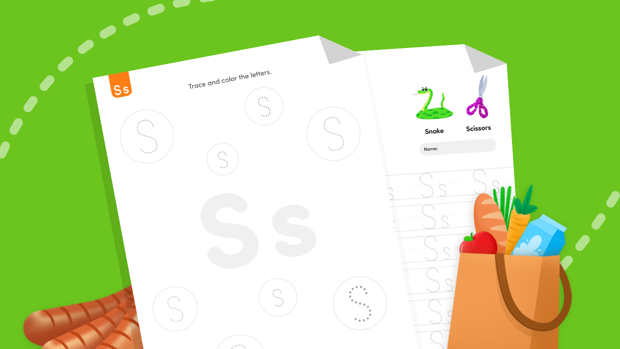 Letter S tracing worksheet for kids with uppercase and lowercase S practice and picture words like snake and scissors.