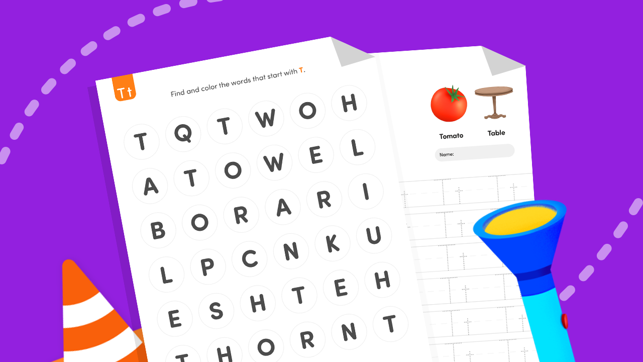 Find the letter T worksheet for kids with a letter hunt and T-word pictures like tomato and table.