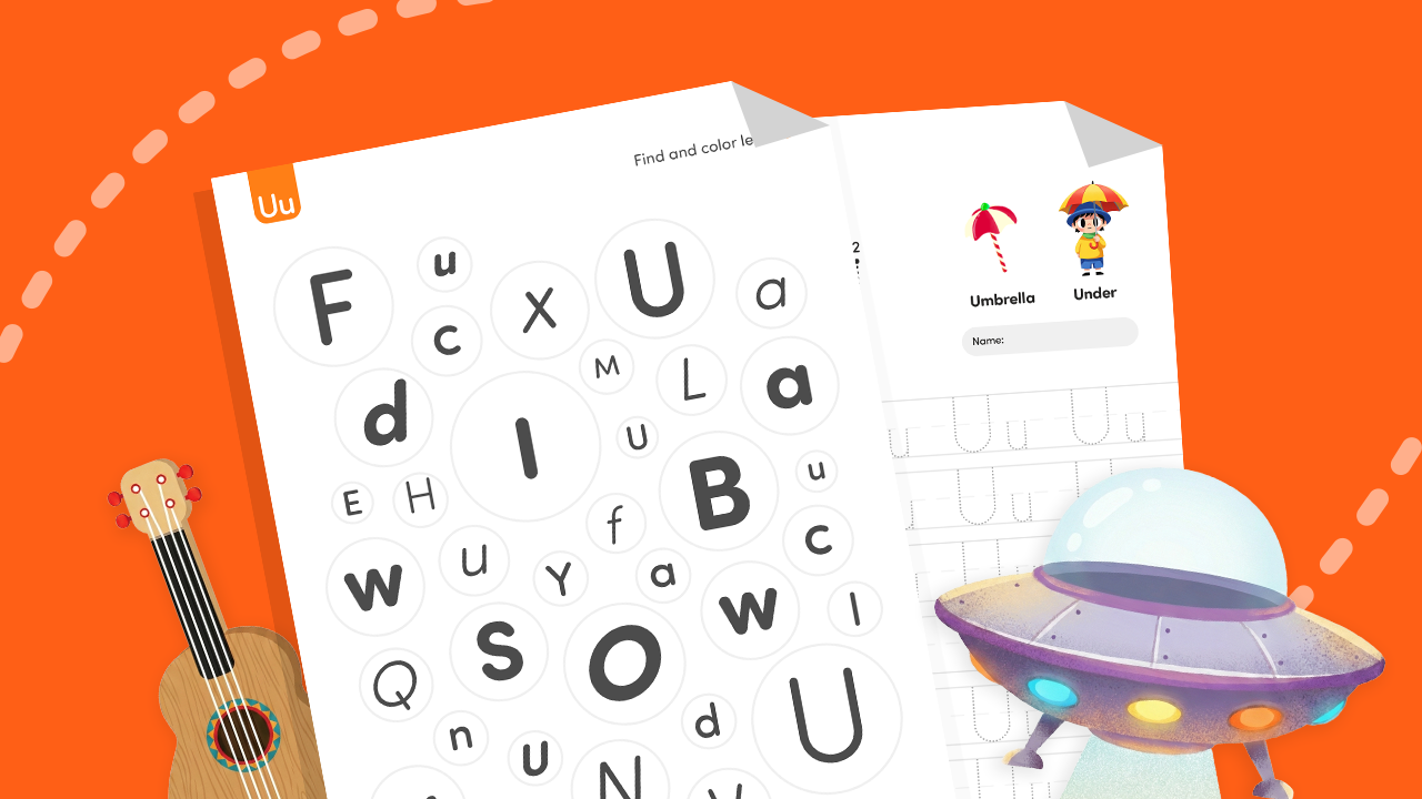 Find the letter U worksheet for kids with letter hunt, tracing, and U-word pictures like umbrella and under.