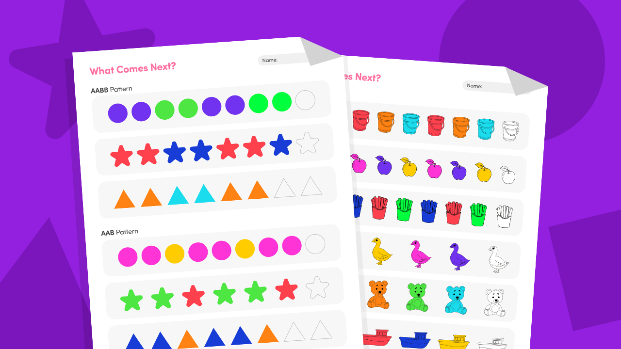 What comes next pattern worksheet for preschool and kindergarten with AABB and AAB patterns