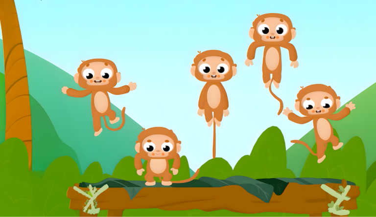 Five cute cartoon monkeys jumping and playing on a log in a colorful jungle scene for kids